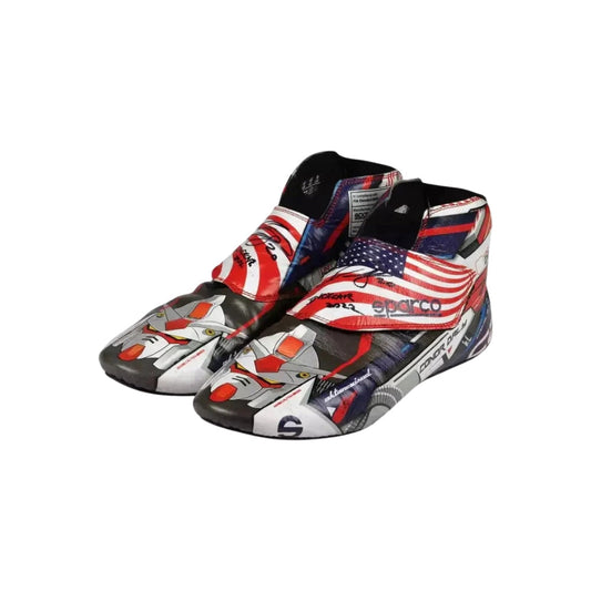High-top Conor Daly 2022 IndyCar Racing sneakers with American flag design on a white background