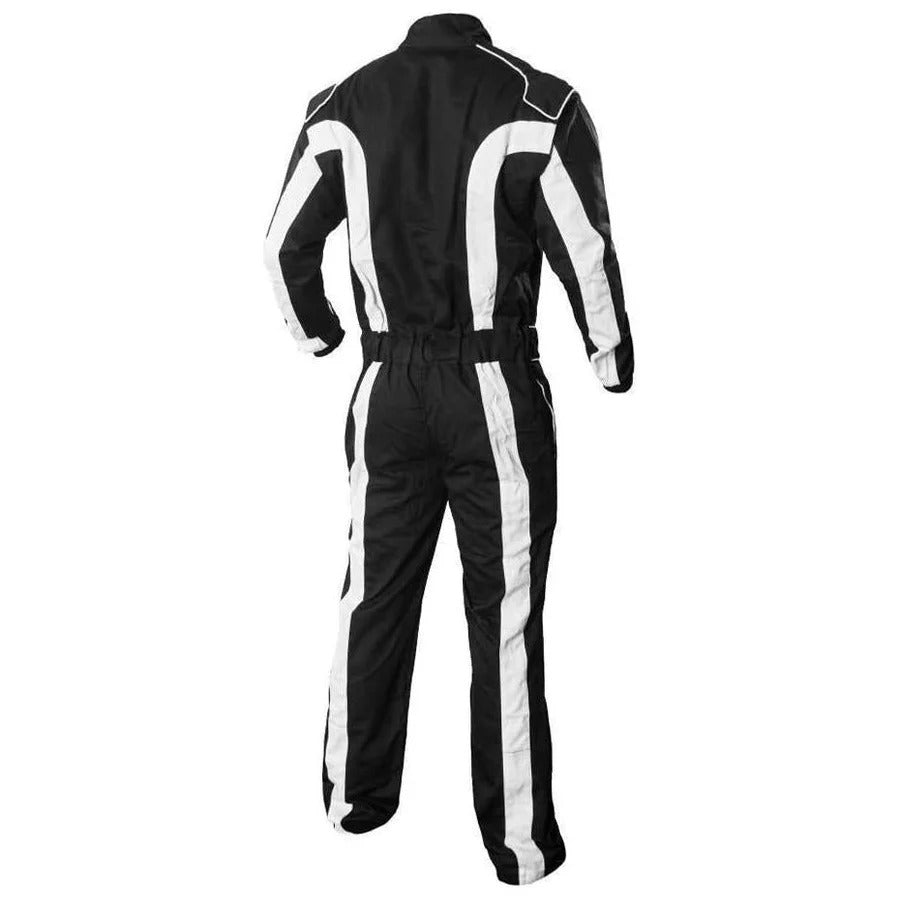 Back view of custom kart suit emphasizing professional stitching and motion-ready fabric panels.