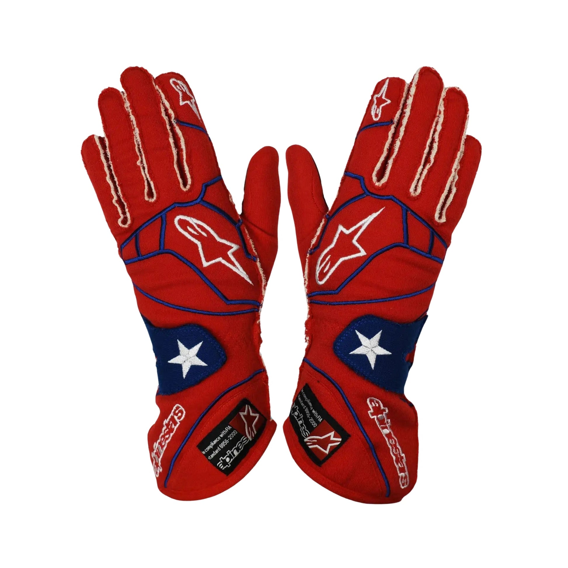 Red Danica Patrick 2008 Indy Car race gloves with a star and stripe design on a white background