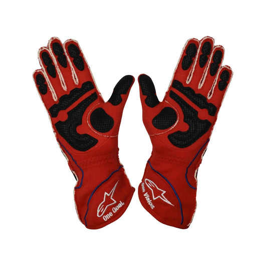 Red Danica Patrick 2008 IndyCar race gloves with black accents on a white background