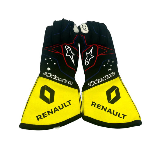Pair of Lance Stroll 2020 F1 Race gloves with Renault branding on a white background