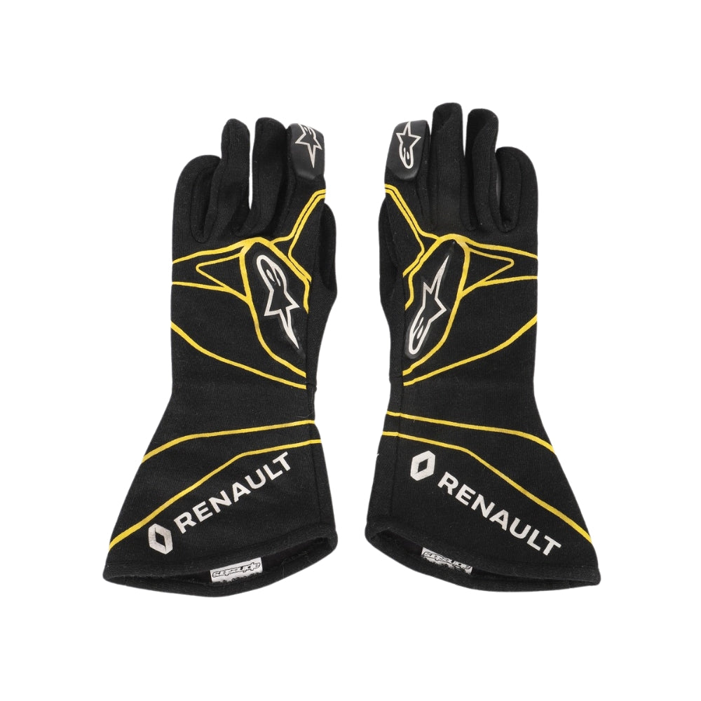 Black Esteban Ocon 2016 F1 race gloves with yellow accents and Renault branding on a white background
