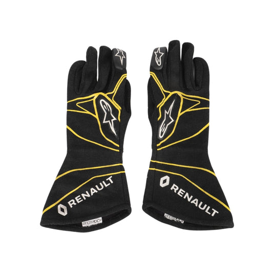 Black Esteban Ocon 2016 F1 race gloves with yellow accents and Renault branding on a white background