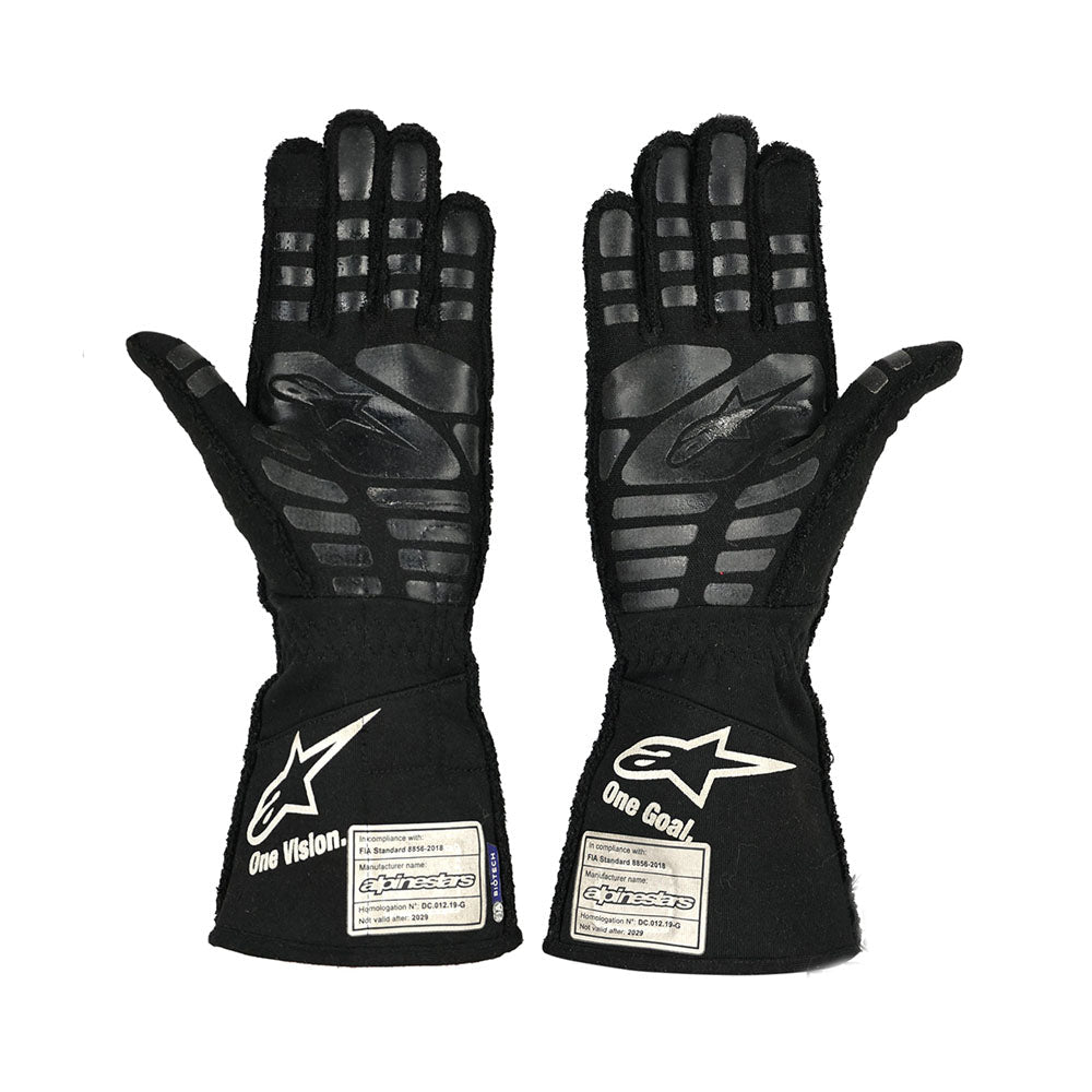 Pair of black Esteban Ocon 2021 F1 race gloves with brand logo on a white background