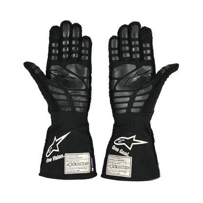 Pair of black Esteban Ocon 2021 F1 race gloves with brand logo on a white background