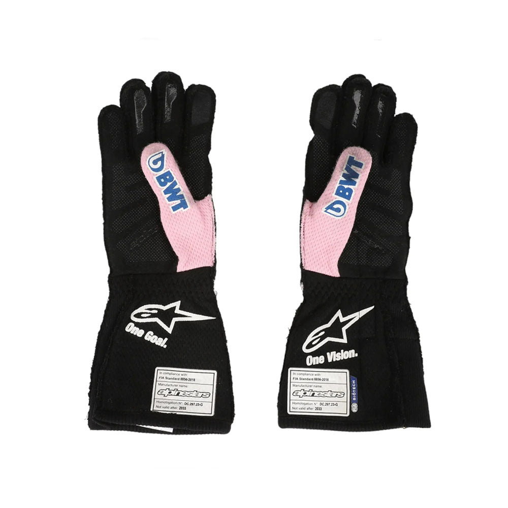 Black Esteban Ocon 2023 Miami GP F1 Race gloves with pink accents and visible branding on a white background
