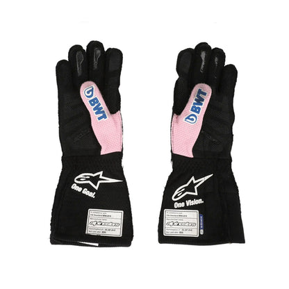 Black Esteban Ocon 2023 Miami GP F1 Race gloves with pink accents and visible branding on a white background