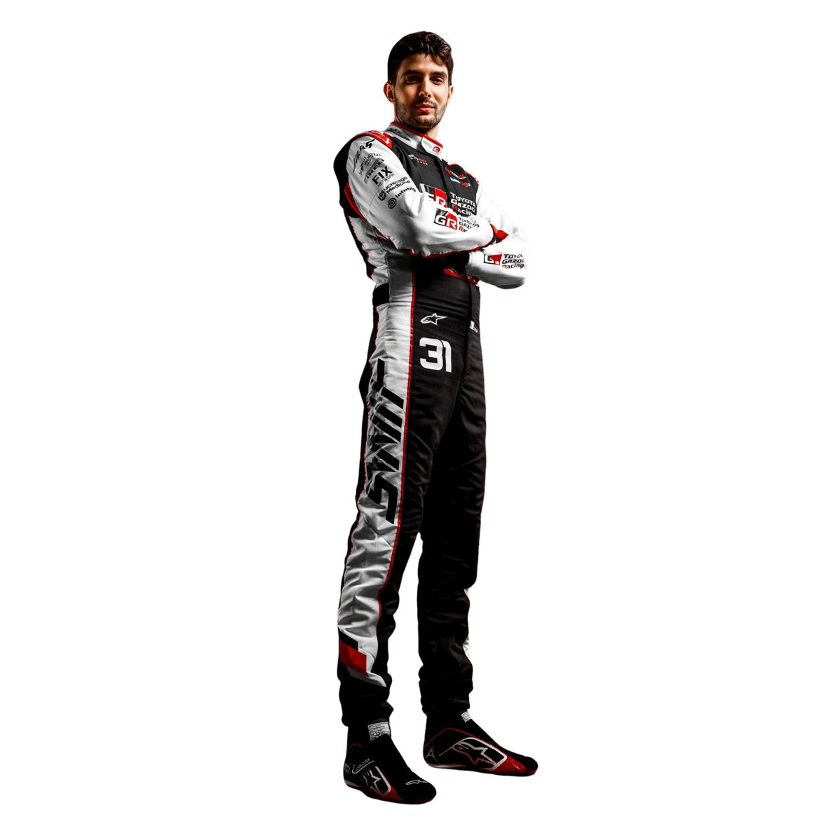 Esteban Ocon wearing a Haas racing suit with various sponsor logos with Right View