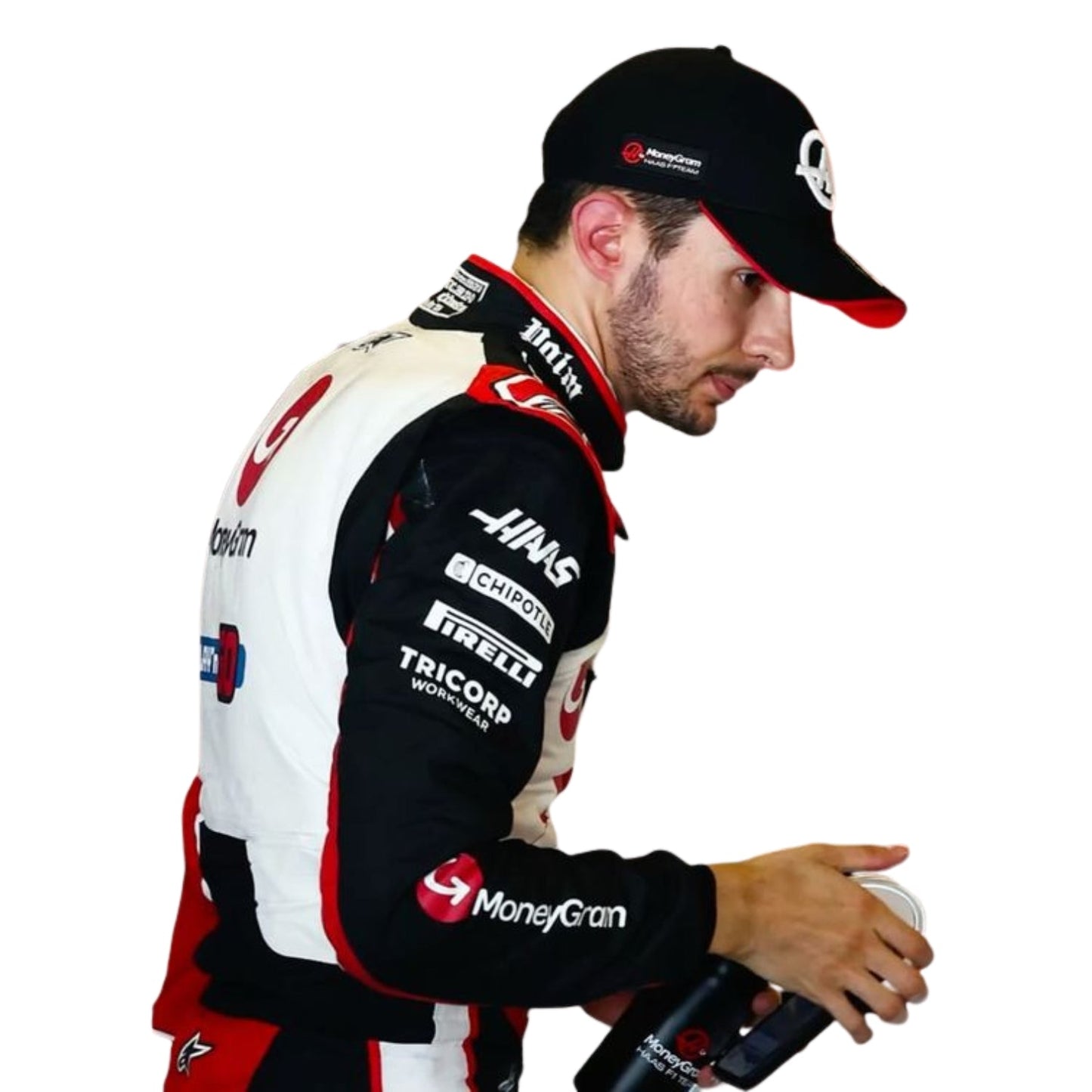 Esteban Ocon Close Up profile wearing a 2024 Emilia Romagna GP racing suit with various sponsor logos on a white background