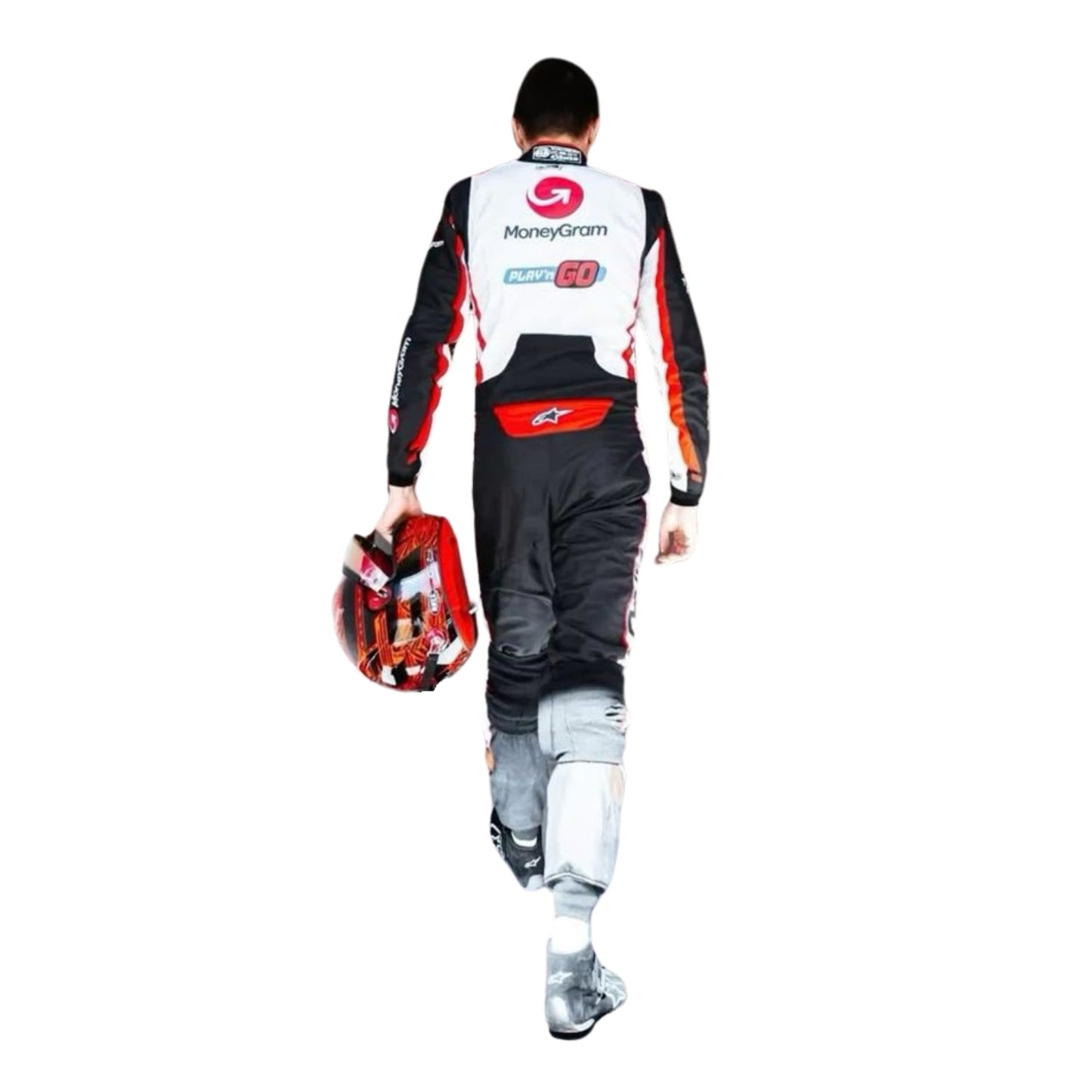 Person wearing a racing suit with visible branding on a white background