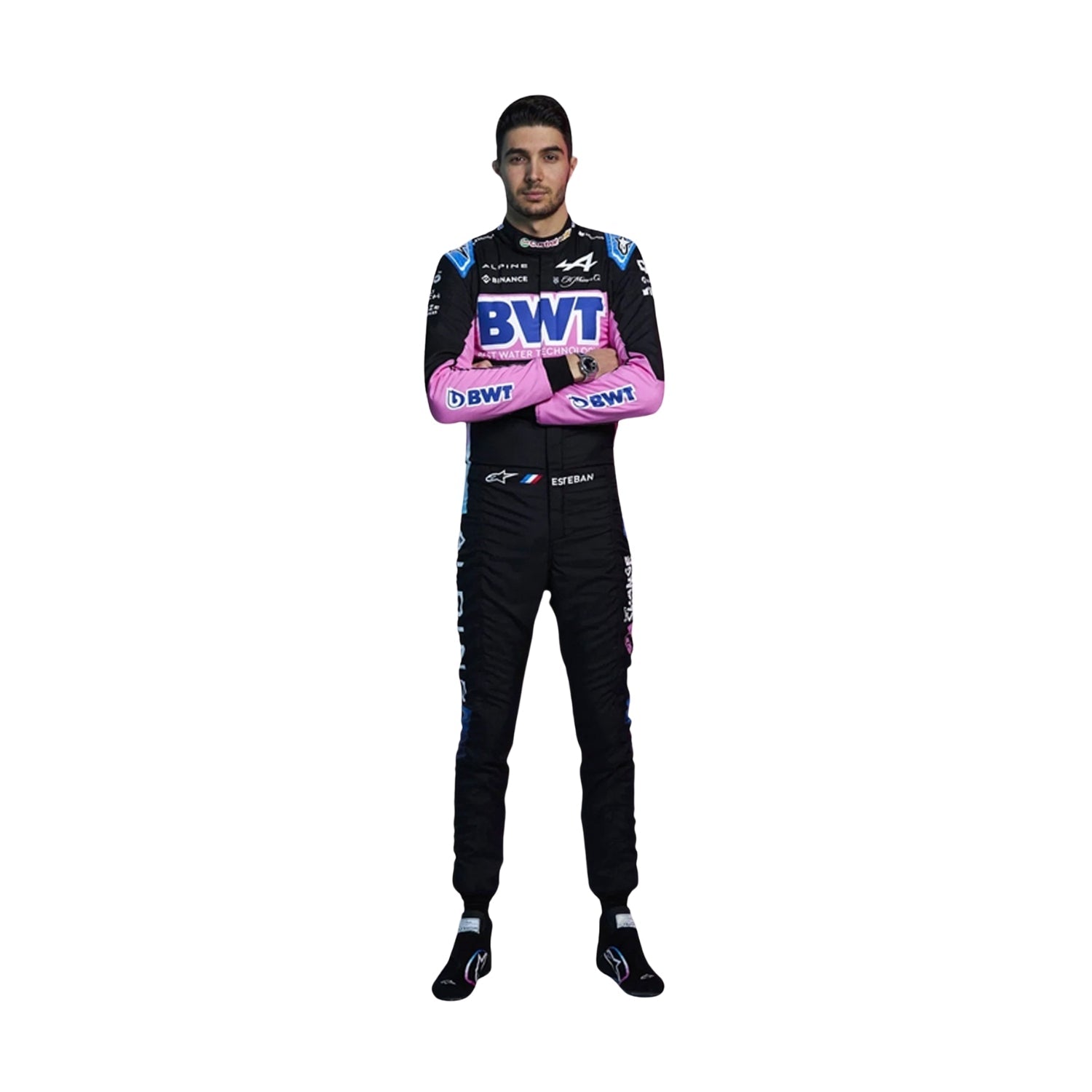 Front view of Esteban Ocon's 2024 F1 racing suit in black with pink and blue accents, showcasing a modern design with sponsor logos.