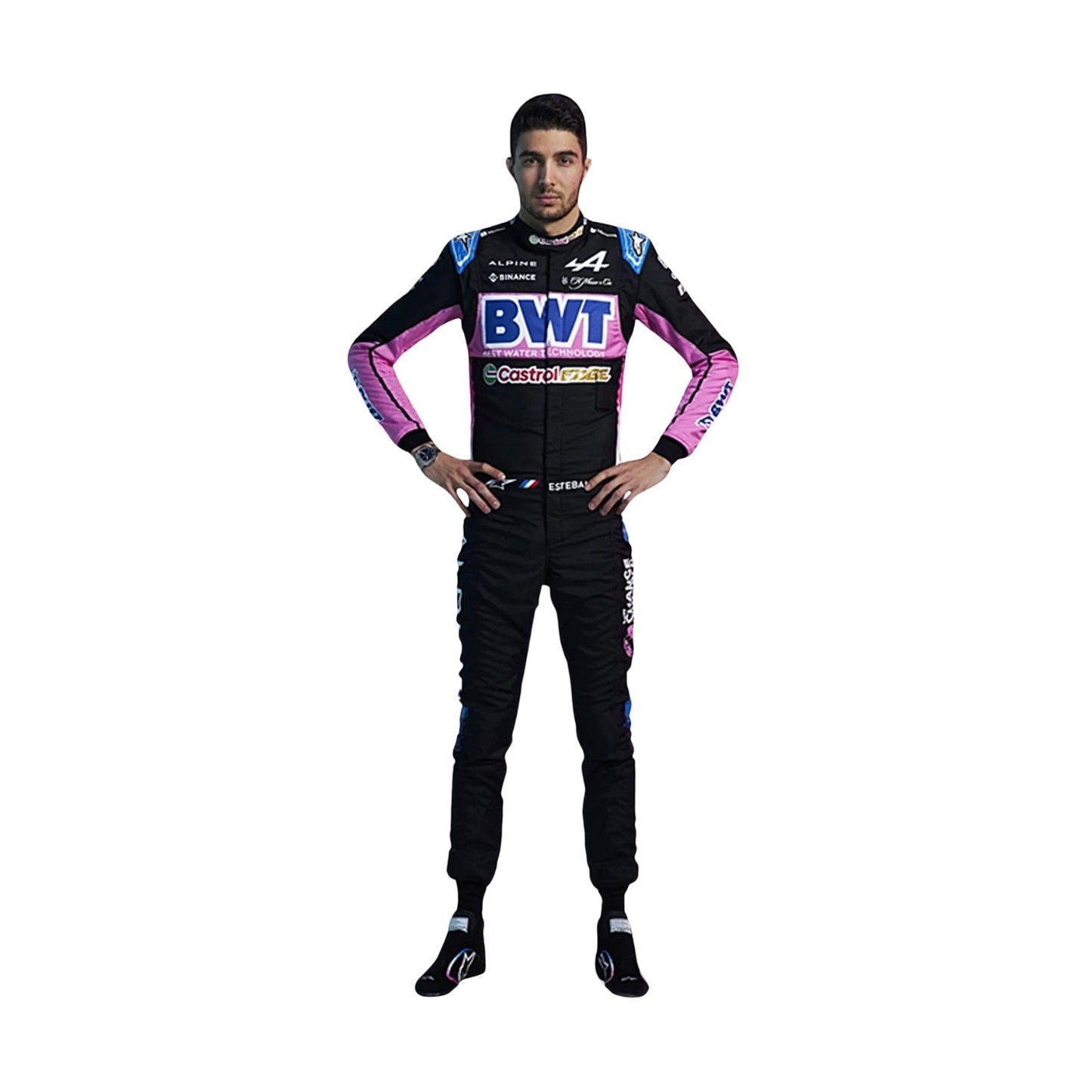 Front view of Esteban Ocon's 2024 F1 racing suit in black with pink and blue accents, showcasing a modern design with sponsor logos.