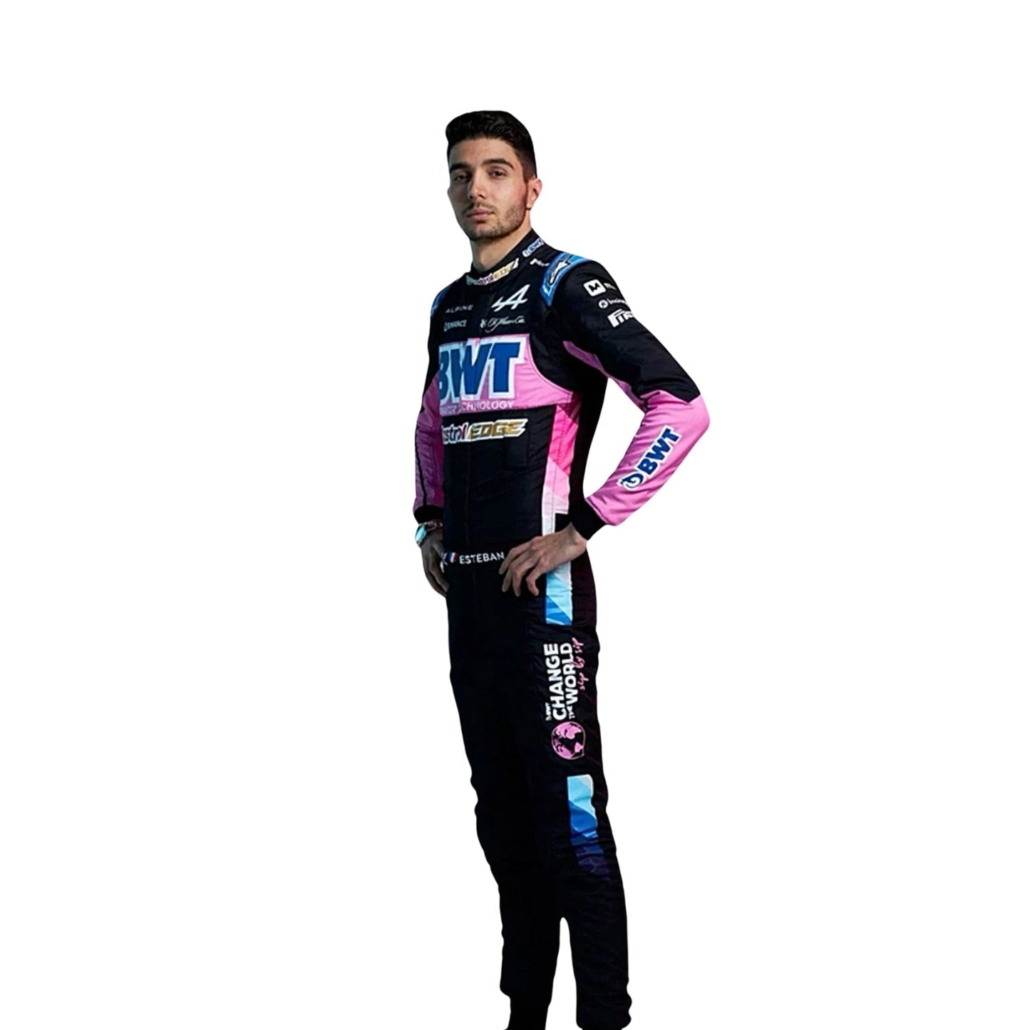 Right Side profile of Esteban Ocon's 2024 F1 racing suit, highlighting the black fabric with pink and blue stripes along the sides.