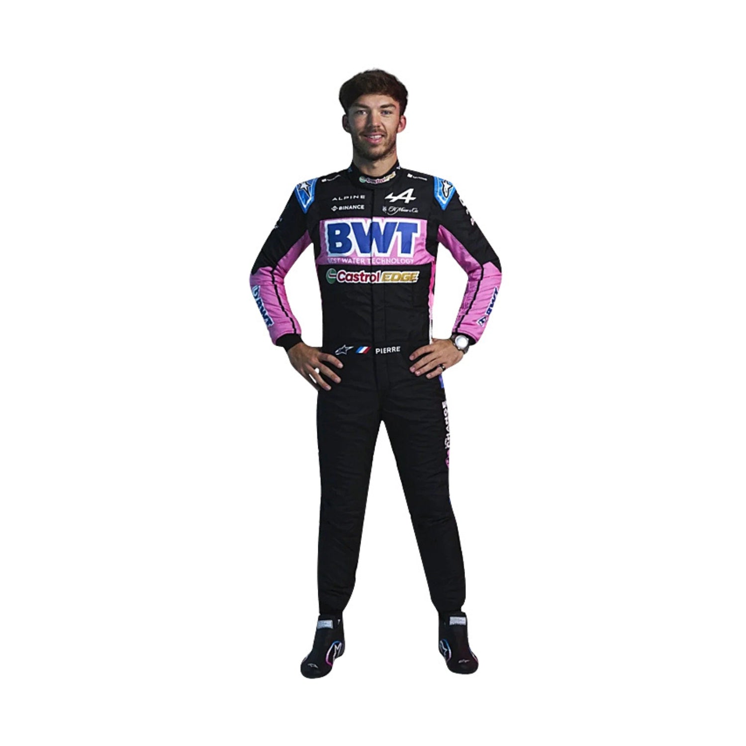 Pierre Gasly is wearing a 2024 BWT Alpine f1 racing suit with visible branding on a white background
