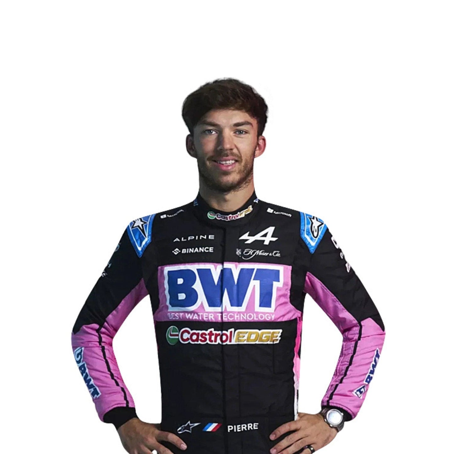 Pierre Gasly is wearing a 2024 BWT Alpine f1 racing suit with various sponsor logos on a white background