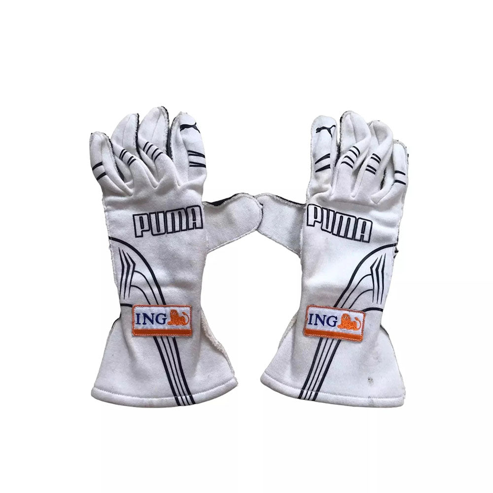 Pair of white Fernando Alonso 2009 F1 Racing race gloves with Puma and ING logos on a white background
