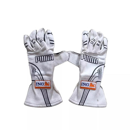 Pair of white Fernando Alonso 2009 F1 Racing race gloves with Puma and ING logos on a white background