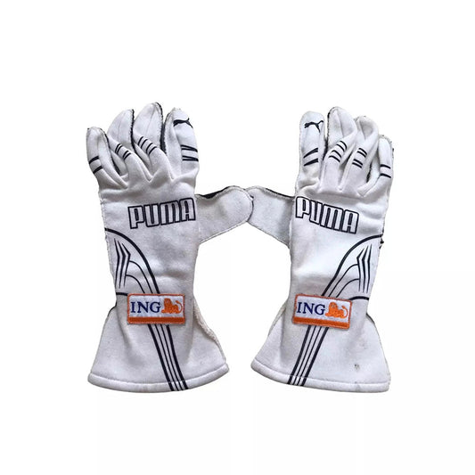 Pair of white Fernando Alonso 2009 F1 Racing race gloves with Puma and ING logos on a white background