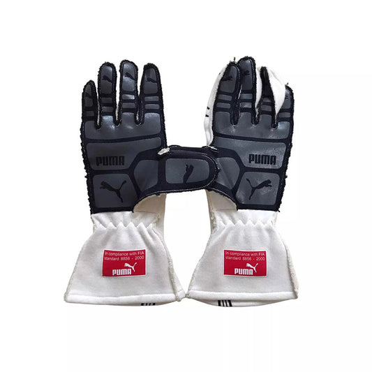 Pair of Puma Fernando Alonso 2009 F1 Race gloves with black and white design on a white background