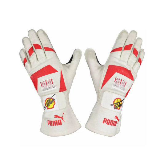 White Fernando Alonso 2010 Japanese GP F1 Race gloves with red accents and Puma logo on a white background