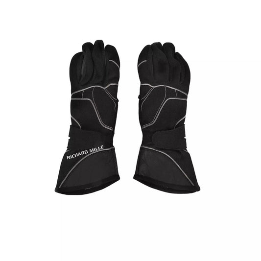 Black Fernando Alonso 2015 F1 race gloves with 'Richard Mille' branding on a white background