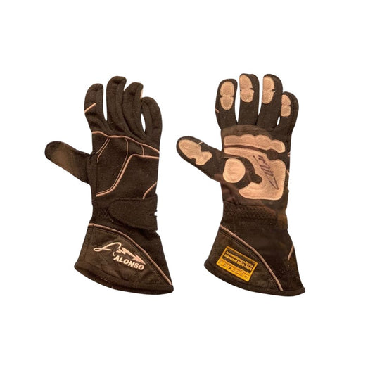 Pair of brown Fernando Alonso 2017 F1 Race gloves with visible branding on a white background