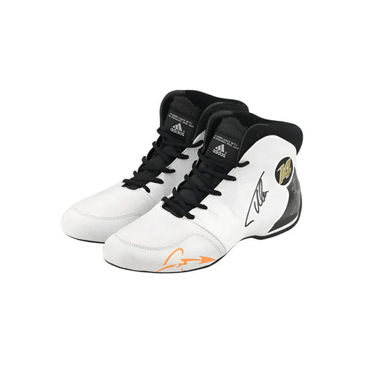 White and black Fernando Alonso 2017 Adidas F1 Race Shoes with orange accents on a white background