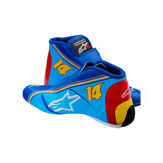 Blue, red, and yellow Fernando Alonso 2018 300 GP Round 7 F1 Racing boot with number 14 on a white background