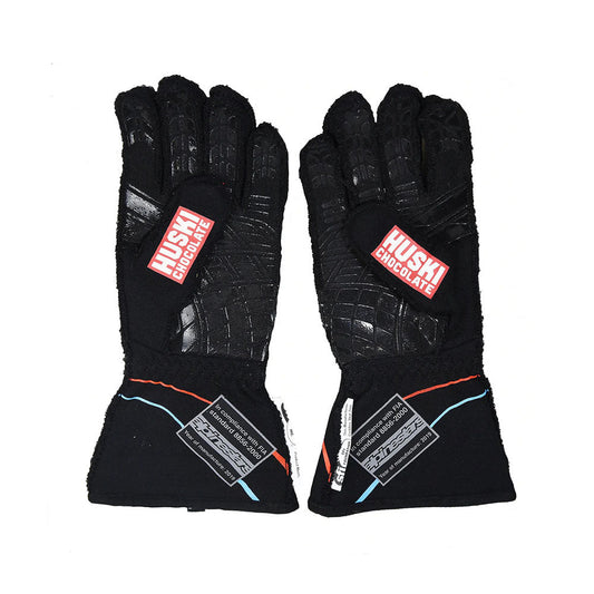 Pair of black Fernando Alonso 2019 Indy 500 Race gloves with visible branding on a white background