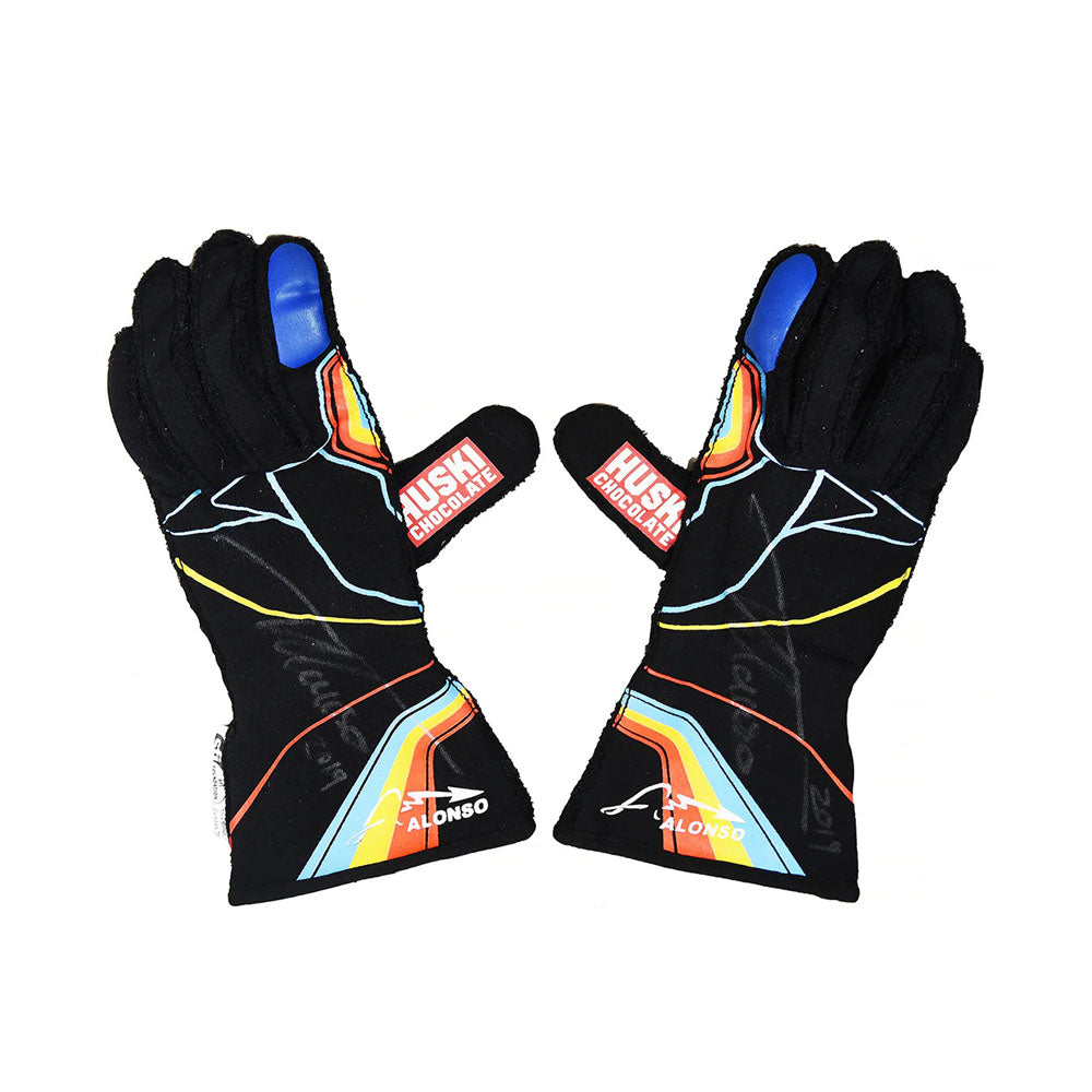 Pair of black Fernando Alonso 2019 Indy 500 Race gloves with colorful accents on a white background