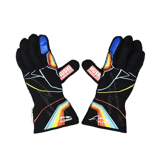 Pair of black Fernando Alonso 2019 Indy 500 Race gloves with colorful accents on a white background
