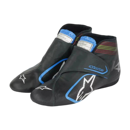 Black Fernando Alonso 2021 F1 Race shoes with blue accents on a white background