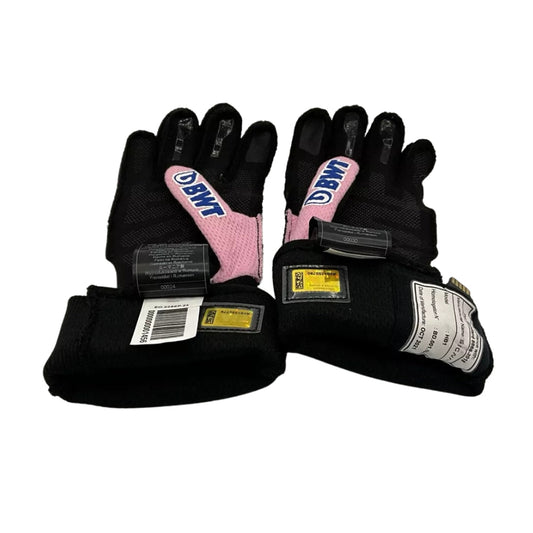 Pair of black Fernando Alonso 2022 F1 Race gloves with pink interior and visible branding on a white background
