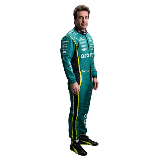 Fernando Alonso wearing a Aston Martin racing suit with various sponsor logos with Right View
