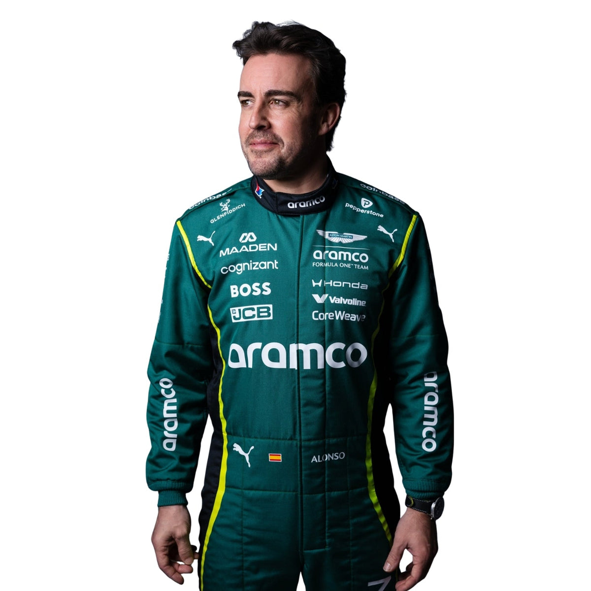 Fernando Alonso wearing a Aston Martin racing suit with various sponsor logos with Close View