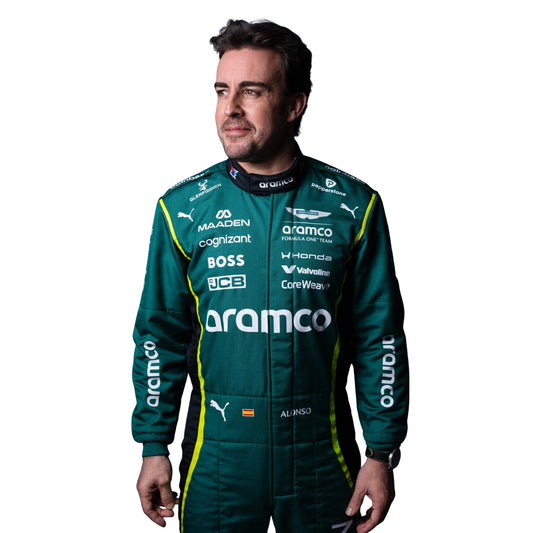 Fernando Alonso wearing a Aston Martin racing suit with various sponsor logos with Close View