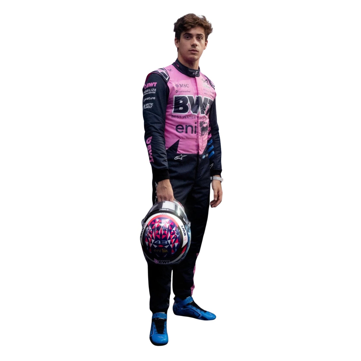 Franco Colapinto wearing a Alpine racing suit with various sponsor logos with right View