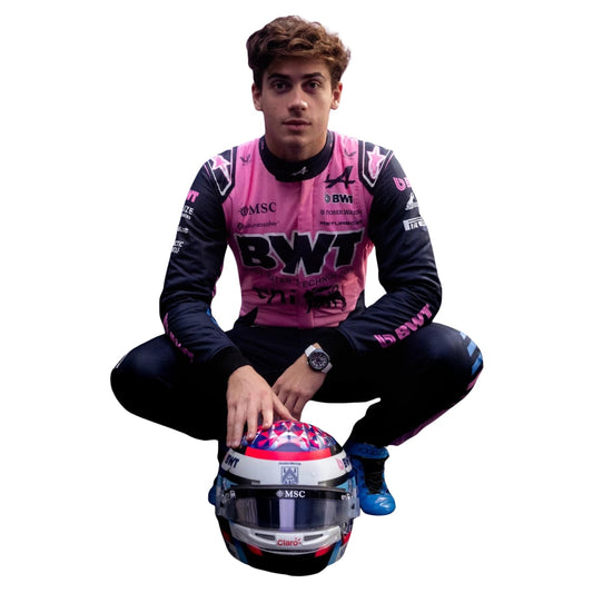 Franco Colapinto wearing a Alpine racing suit with various sponsor logos with Front View