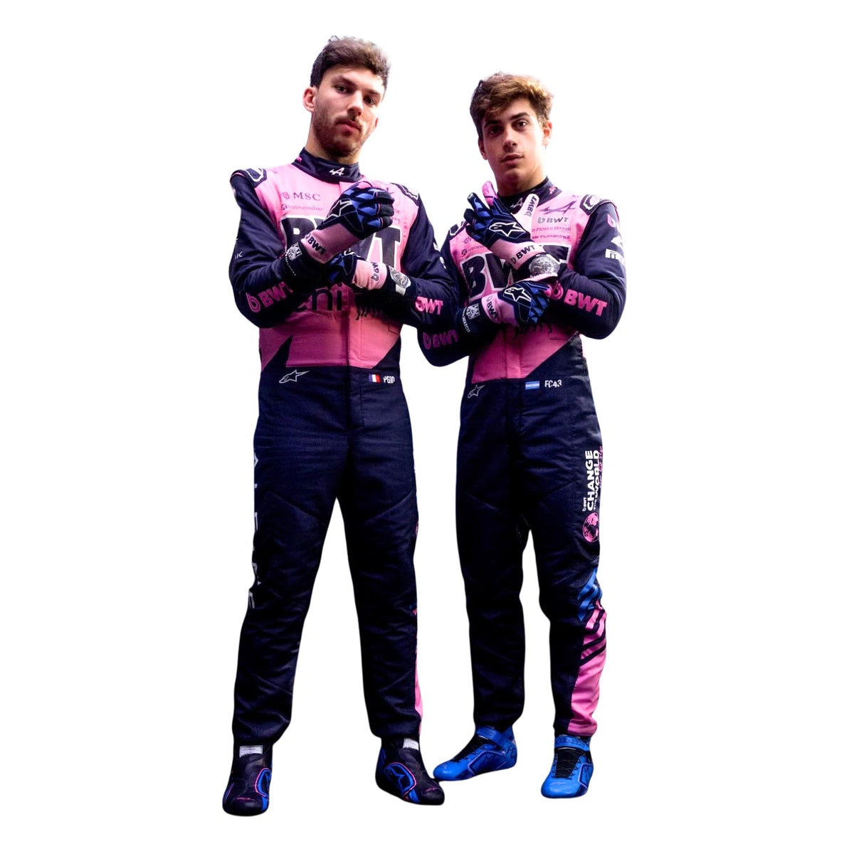 Franco Colapinto wearing a Alpine racing suit with various sponsor logos with Front View