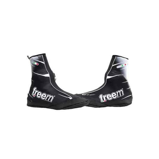Black Freem Yeti shoe covers with 'freem' branding on a white background
