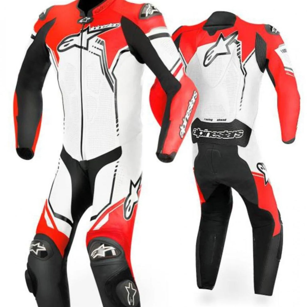 GP Plus One-Piece Motorcycle Leather Racing Suit White, Black, and Fluo Red