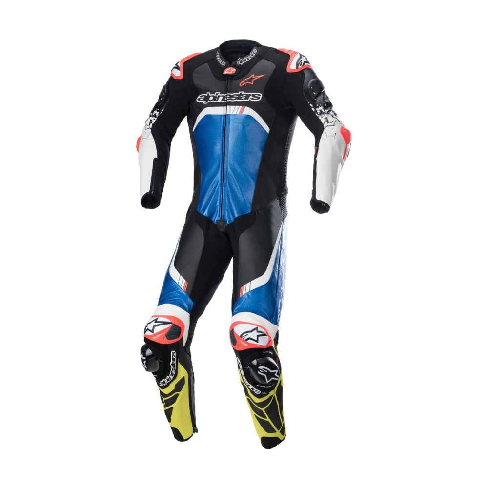 GP Tech 4 One-Piece Motorcycle Leather Racing Suit Black, Blue, and Yellow