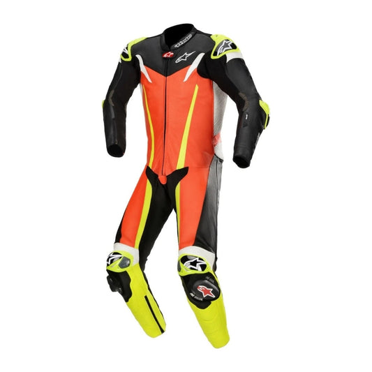 GP Tech V3 One-Piece Perforated Motorcycle Leather Suit Black and Red Fluo