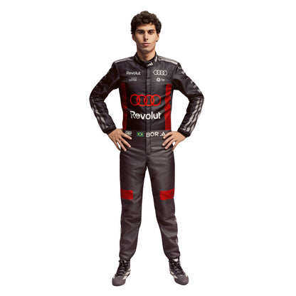 Gabriel Bortoleto wearing a Audi racing suit with various sponsor logos with Front View