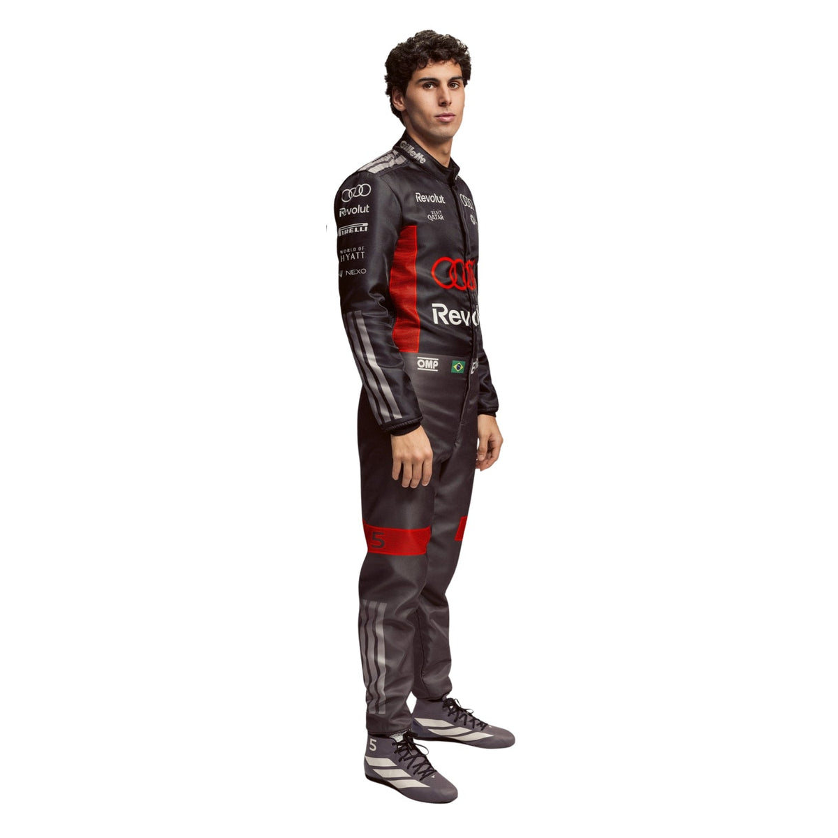 Gabriel Bortoleto wearing a Audi racing suit with various sponsor logos with right View