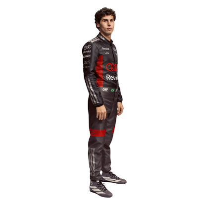 Gabriel Bortoleto wearing a Audi racing suit with various sponsor logos with right View
