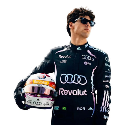 Gabriel Bortoleto wearing a Audi Miami GP racing suit with various sponsor logos with Close View