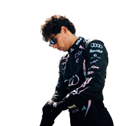 Gabriel Bortoleto wearing a Audi Miami GP racing suit with various sponsor logos with Close View