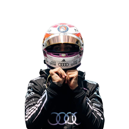 Gabriel Bortoleto wearing a Audi Miami GP racing suit with various sponsor logos with Close View
