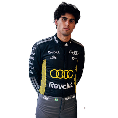 Gabriel Bortoleto wearing a Audi Monaco GP racing suit with various sponsor logos with Close View